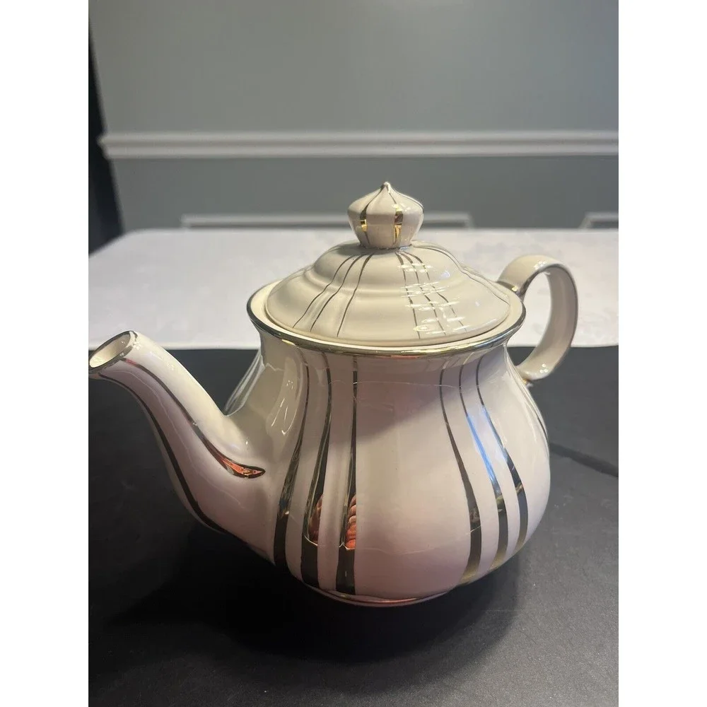 Vintage Sadler Teapot White w Gold Vertical Stripes England 3688